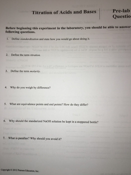 Solved Prelab Titration Of Acids And Bases Questio Befor...
