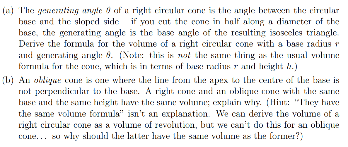 Solved (a) The generating angle θ of a right circular cone | Chegg.com