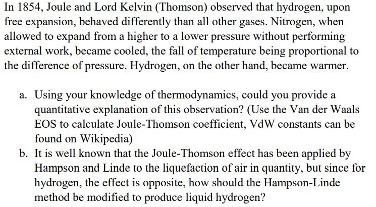 Solved In 1854, Joule and Lord Kelvin (Thomson) observed | Chegg.com