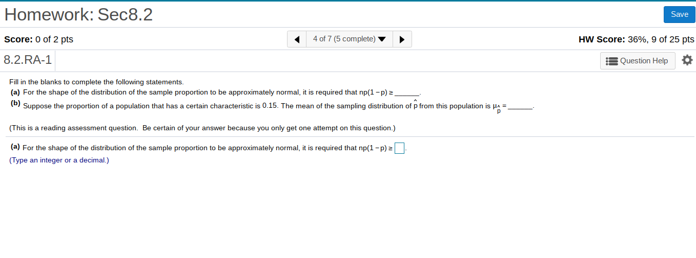 Solved Homework: Sec8.2 Save Score: 0 of 2 pts 4 of 7 (5 | Chegg.com