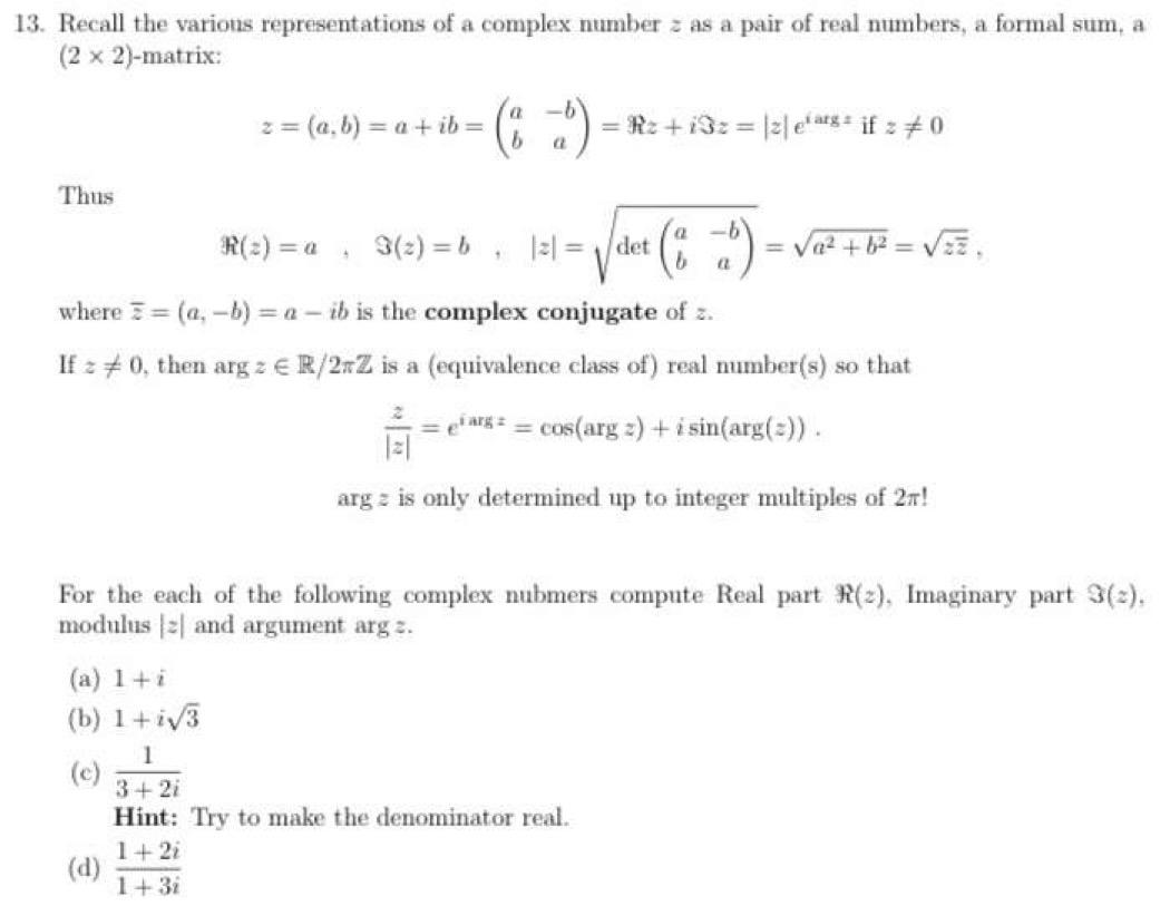 Solved 13. Recall the various representations of a complex | Chegg.com