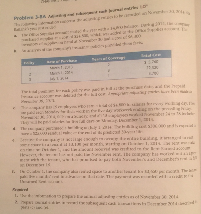 Solved Problem 3 8A Adjusting And Subsequent Cash Journal Chegg