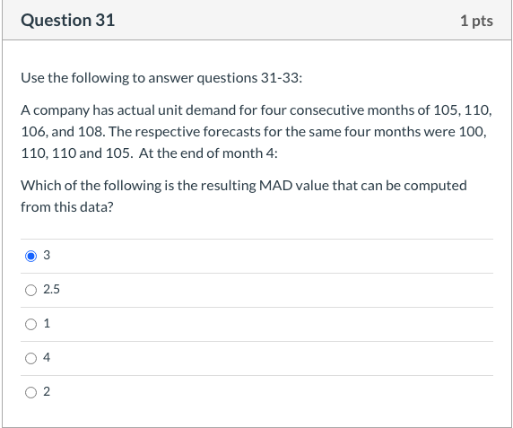Solved Question 31 1 pts Use the following to answer | Chegg.com
