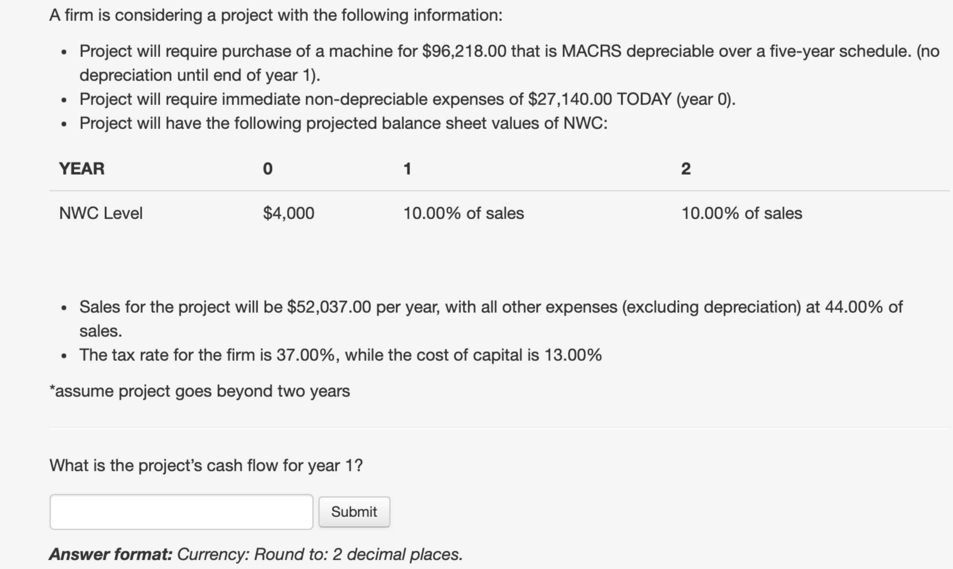 Solved A firm is considering a project with the following | Chegg.com