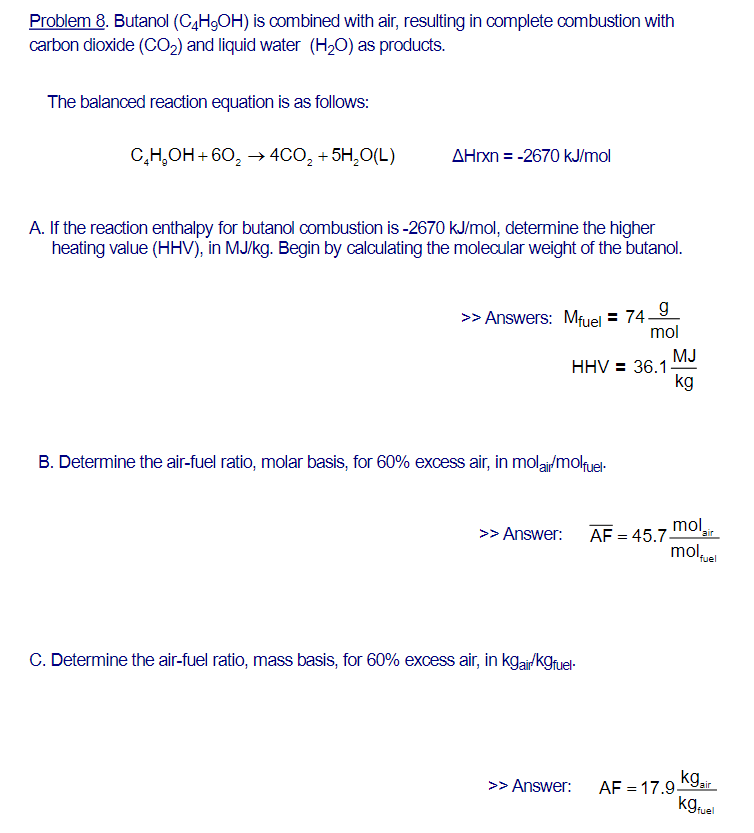 Solved Problem 8. Butanol (C4H₂OH) is combined with air, | Chegg.com