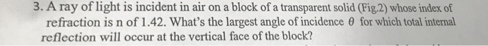Solved 3. A ray of light is incident in air on a block of a | Chegg.com