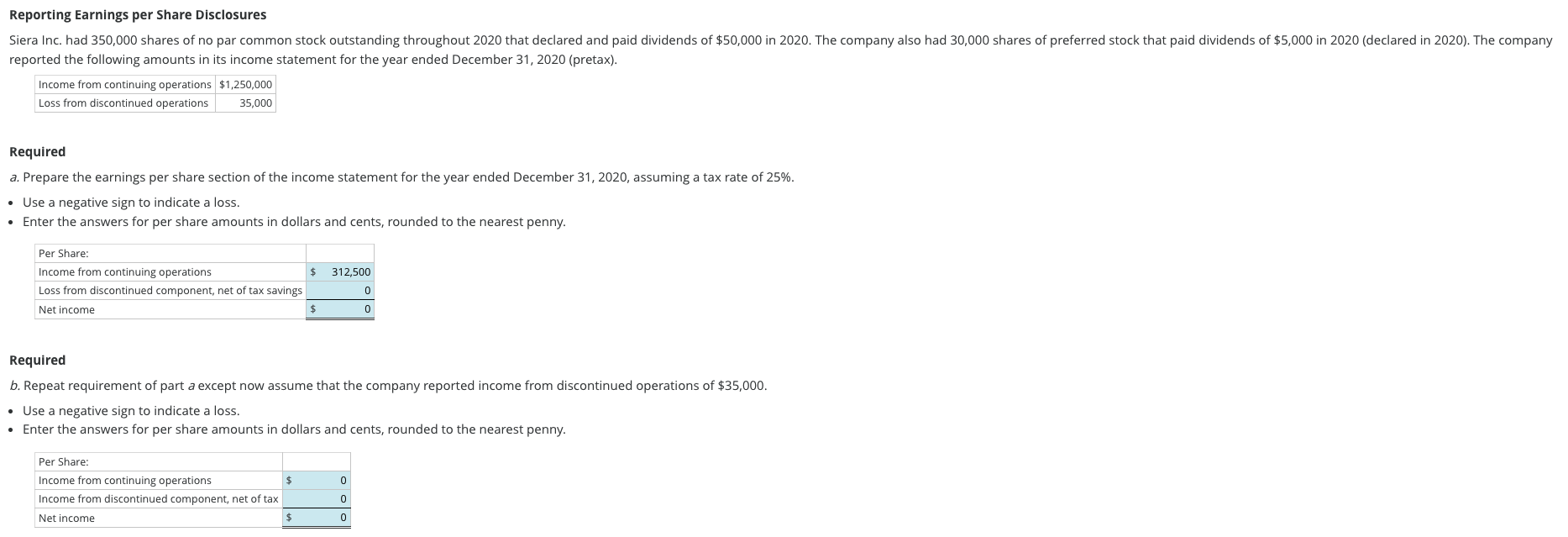 Solved Reporting Earnings per Share Disclosures Siera Inc. | Chegg.com