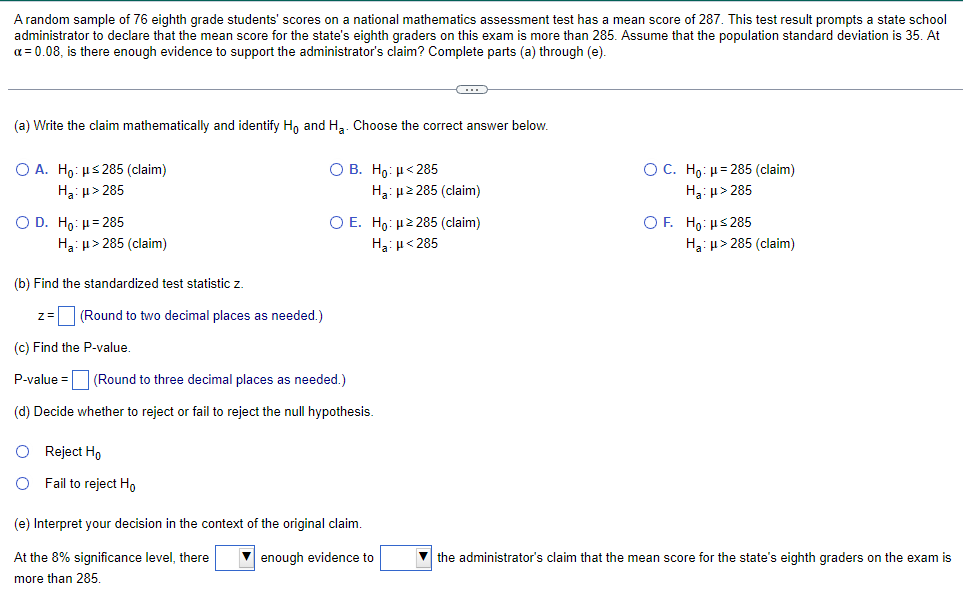 Solved A random sample of 76 eighth grade students' scores | Chegg.com