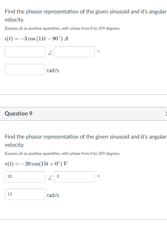 Solved Find the phasor representation of the given sinusoid | Chegg.com