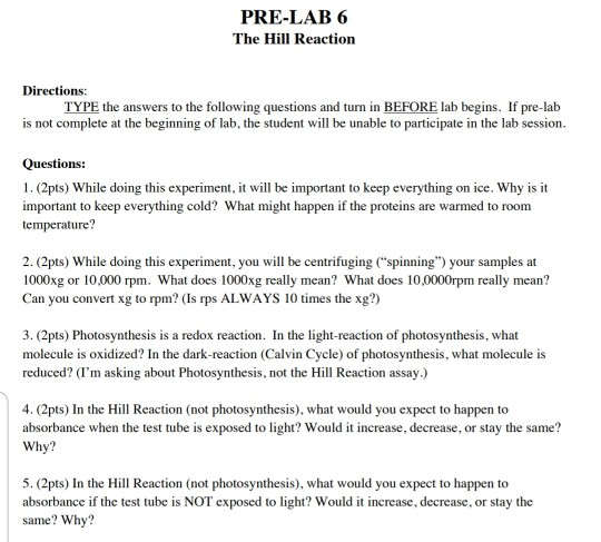 Solved PRE-LAB 6 The Hill Reaction Directions: TYPE the | Chegg.com