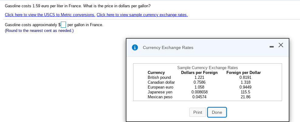 Convert from euros per liter to US dollars per gallon 