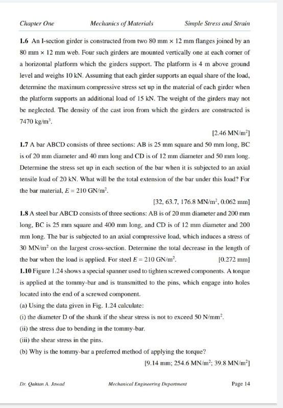 Solved Chapter One Mechanics of Materials Simple Stress and | Chegg.com