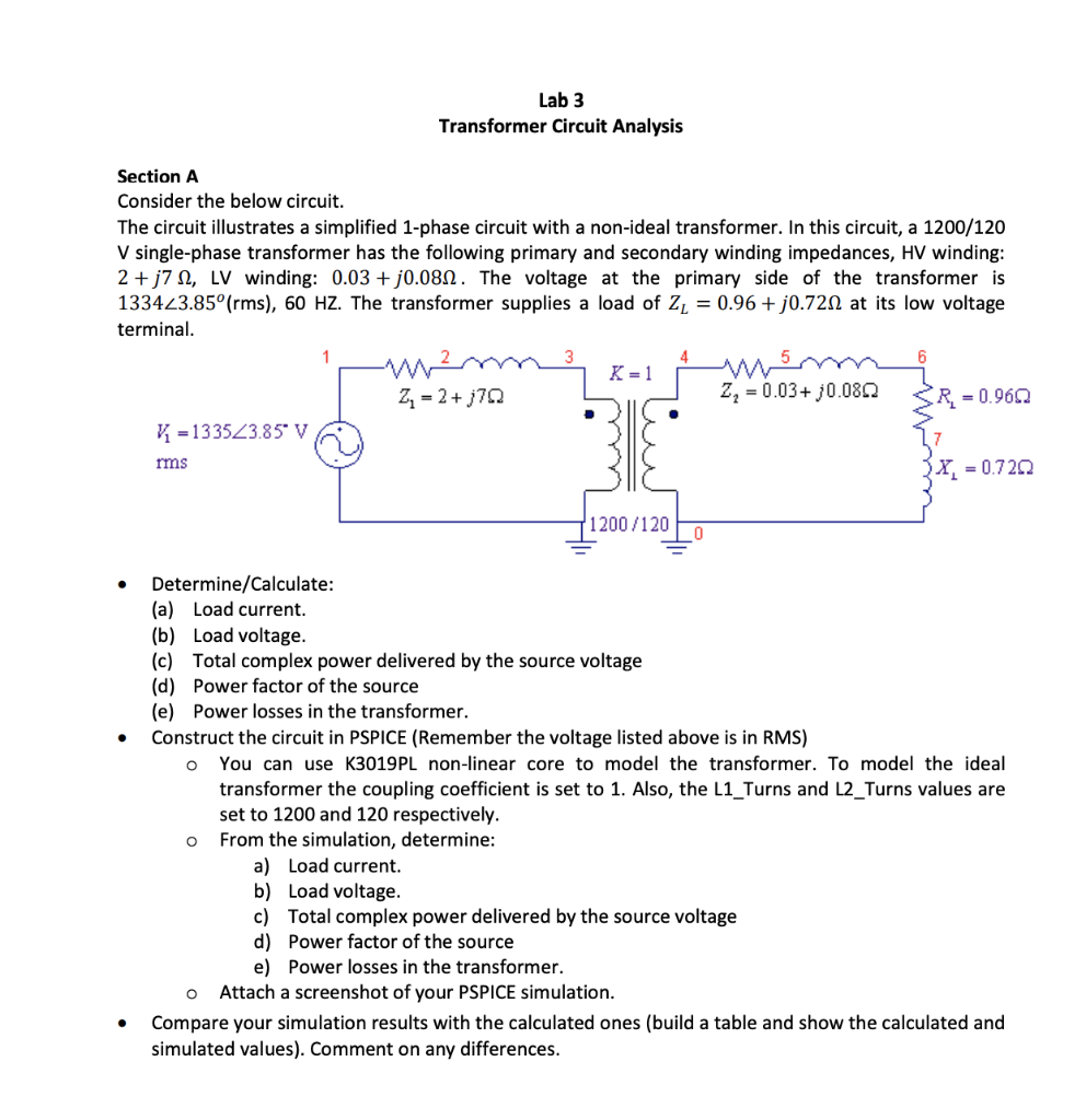 Solved Lab 3 Transformer Circuit Analysis Section A Consider | Chegg.com