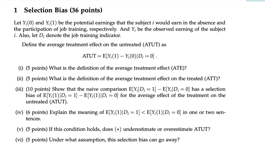 1 Selection Bias 36 Points Let Y 0 And Y 1 B Chegg Com