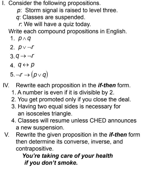 Solved I. Consider The Following Propositions. P: Storm | Chegg.com