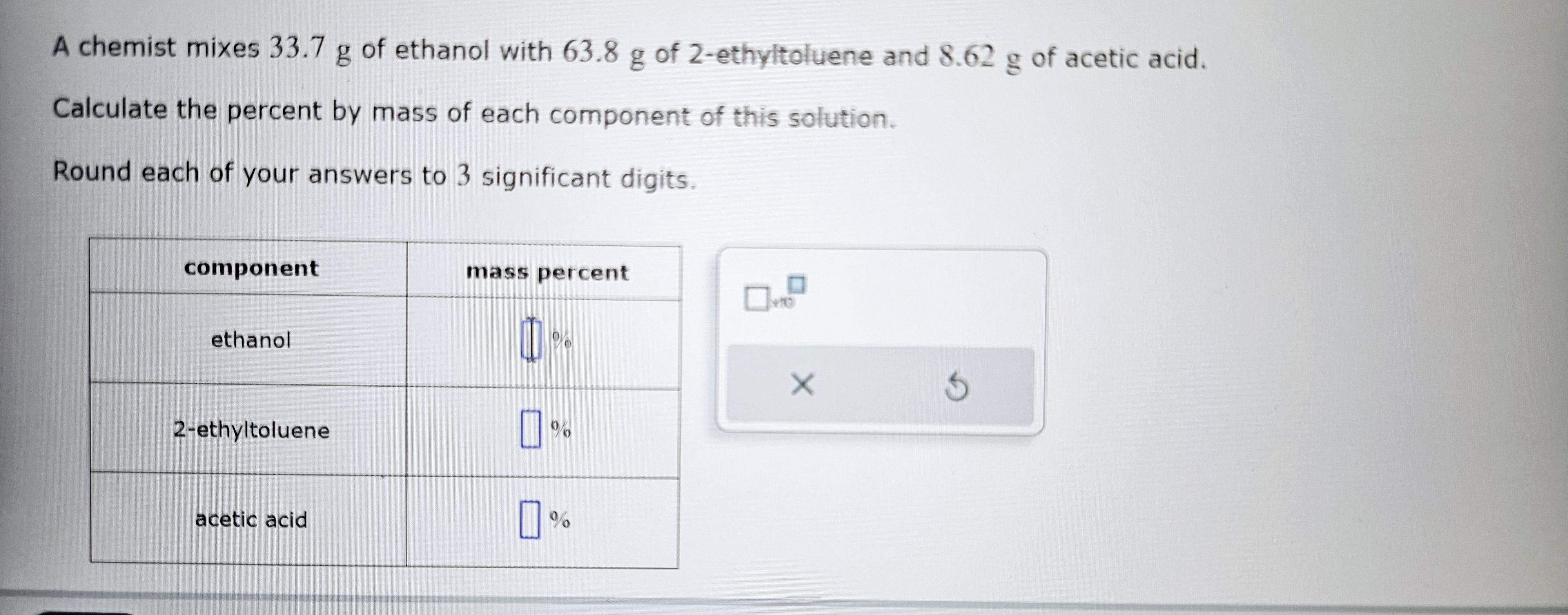 Solved A chemist mixes 33.7g ﻿of ethanol with 63.8g ﻿of | Chegg.com