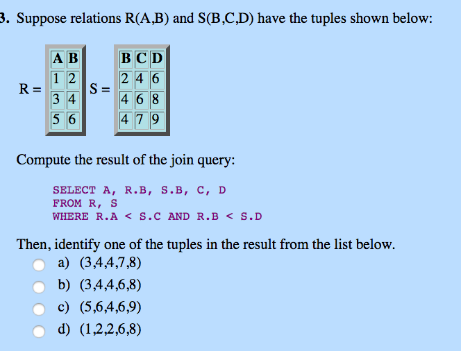 Solved 3. Suppose Relations R(A,B) And S(B,C,D) Have The | Chegg.com