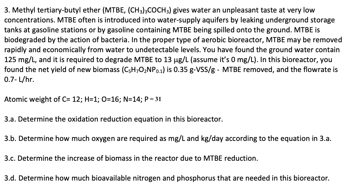 Solved 3. Methyl Tertiary-butyl Ether (MTBE, (CH3)3COCH3 ) | Chegg.com