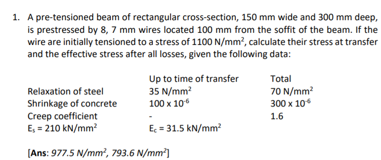 Solved 1. A Pre-tensioned Beam Of Rectangular Cross-section, | Chegg.com