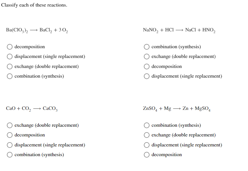 Solved Classify each of these reactions. \begin{tabular}{ll} | Chegg.com