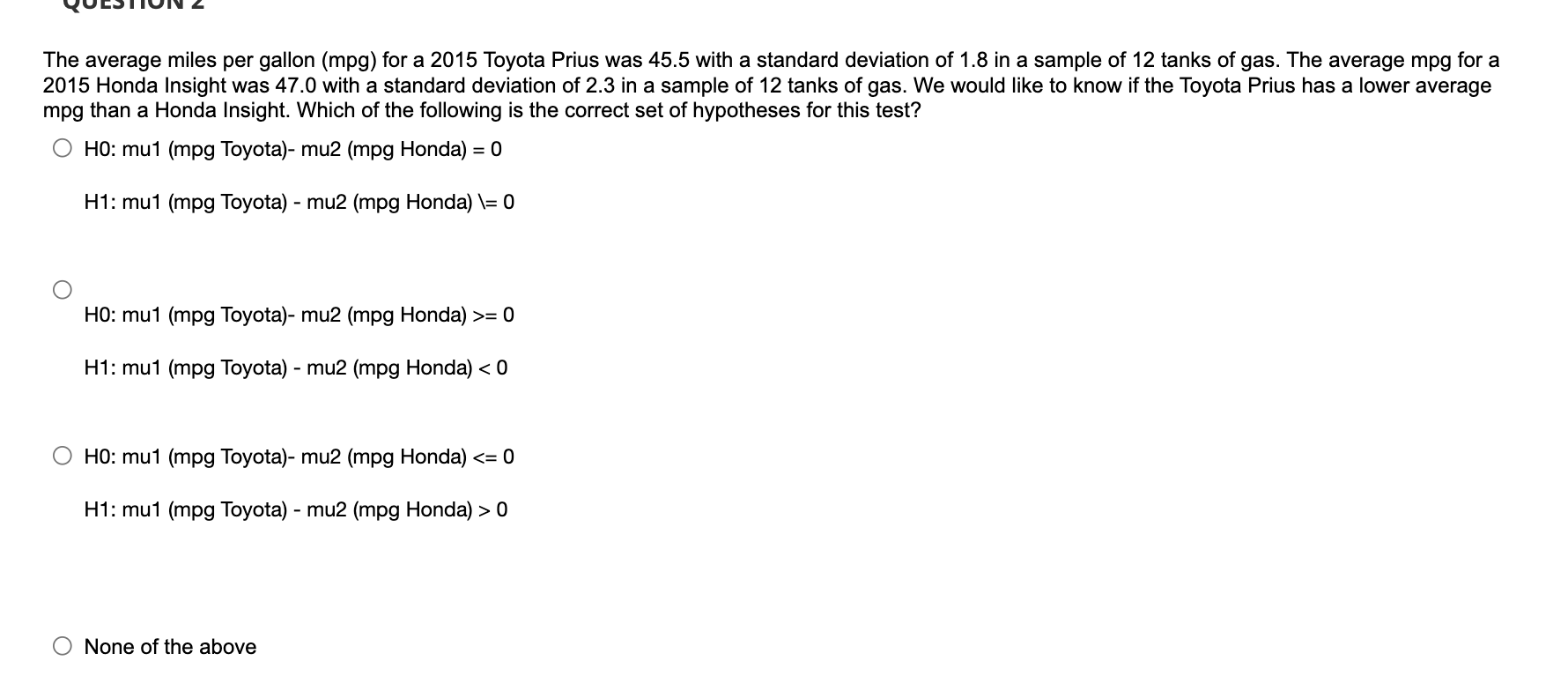 Solved the average miles per gallon mpg for a 2015 toyota chegg