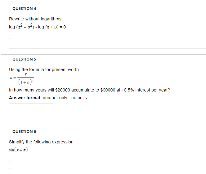 Solved QUESTION 4 Rewrite without logarithms log (q2 - p2) - | Chegg.com