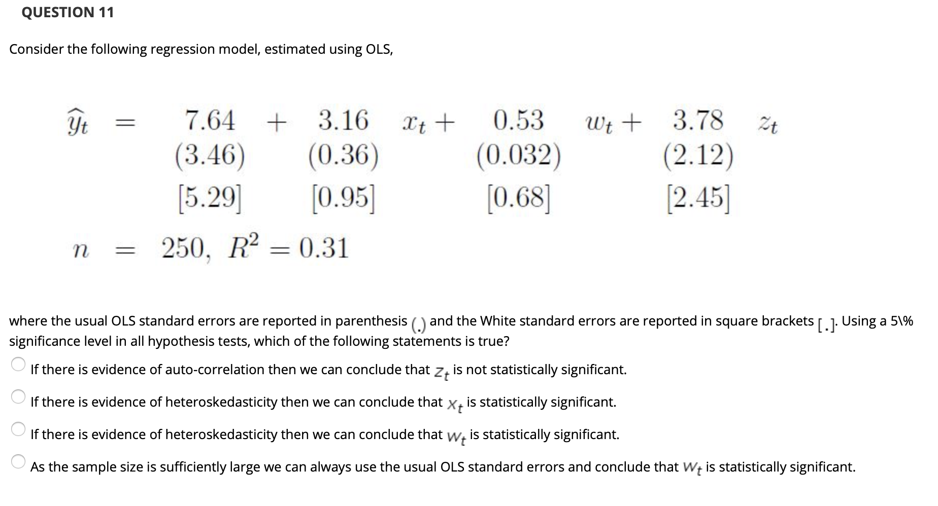 Solved QUESTION 11 Consider the following regression model, | Chegg.com