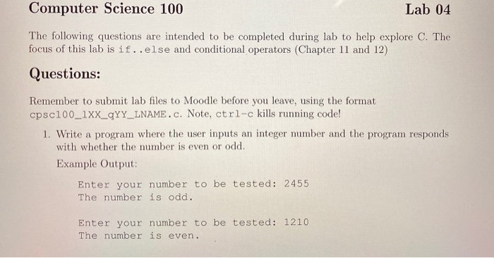 Solved Computer Science 100 Lab 04 The following questions | Chegg.com