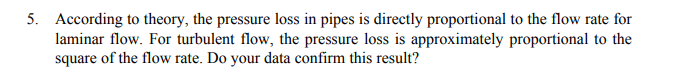 Solved 5. According to theory, the pressure loss in pipes is | Chegg.com