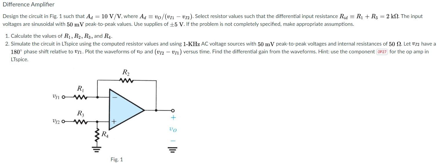 Solved Difference Amplifier Design the circuit in Fig. 1 | Chegg.com
