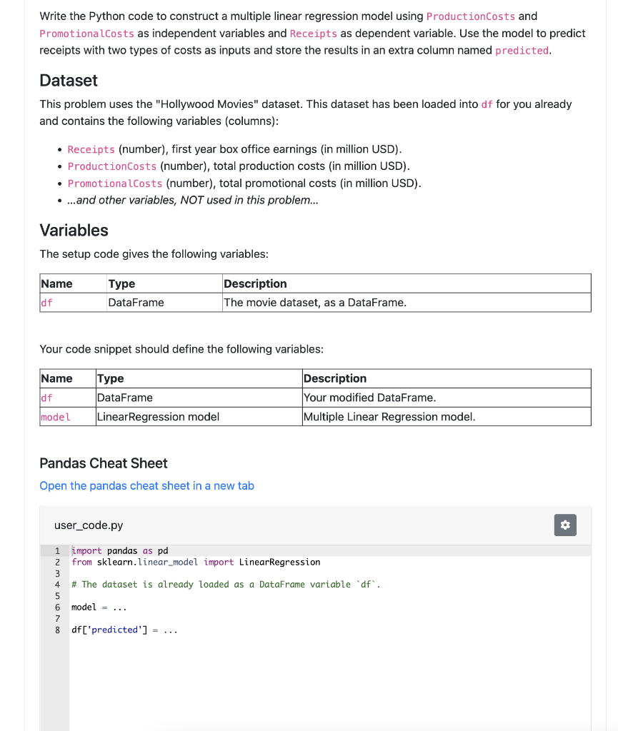 Write the Python code to construct a multiple linear   Chegg.com