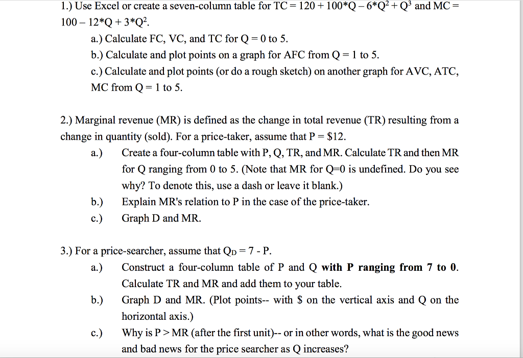 Solved 1.) Use Excel or create a seven-column table for TC | Chegg.com