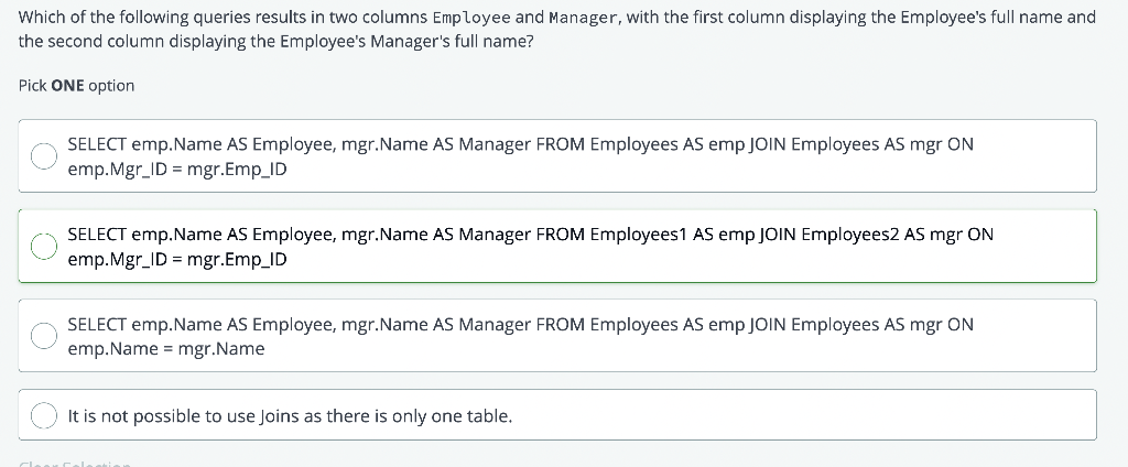 Which of the following queries results in two columns Employee and Manager, with the first column displaying the Employees f