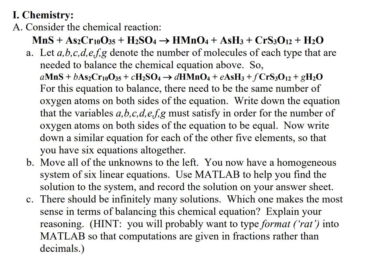 Solved + I. Chemistry: A. Consider the chemical reaction: | Chegg.com