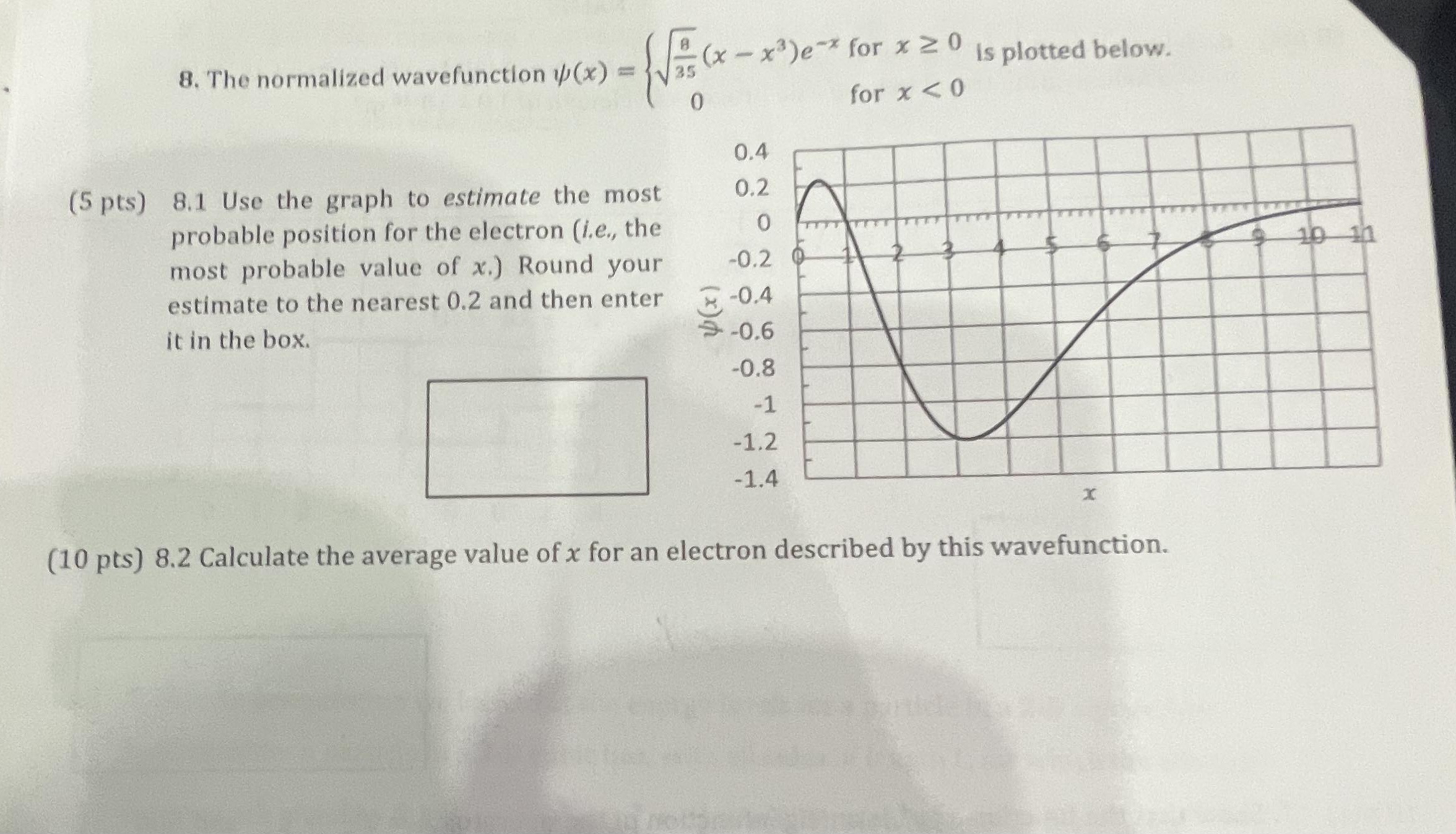 Solved 8. The Normalized Wavefunction ψ(x)={358(x−x3)e−x0 | Chegg.com