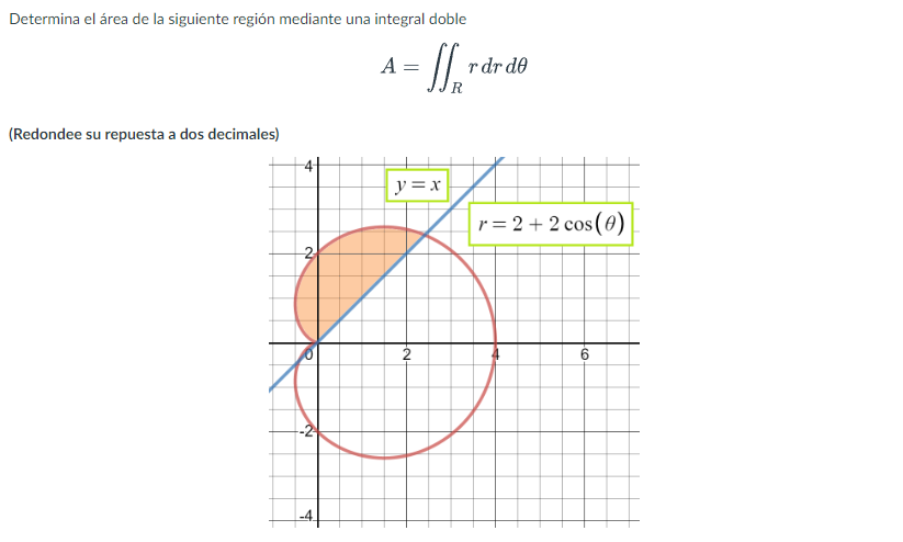 Determina el área de la siguiente región mediante una integral doble \[ A=\iint_{R} r d r d \theta \] (Redondee su repuesta a