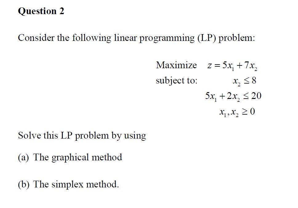 Solved Question 2 Consider the following linear programming | Chegg.com