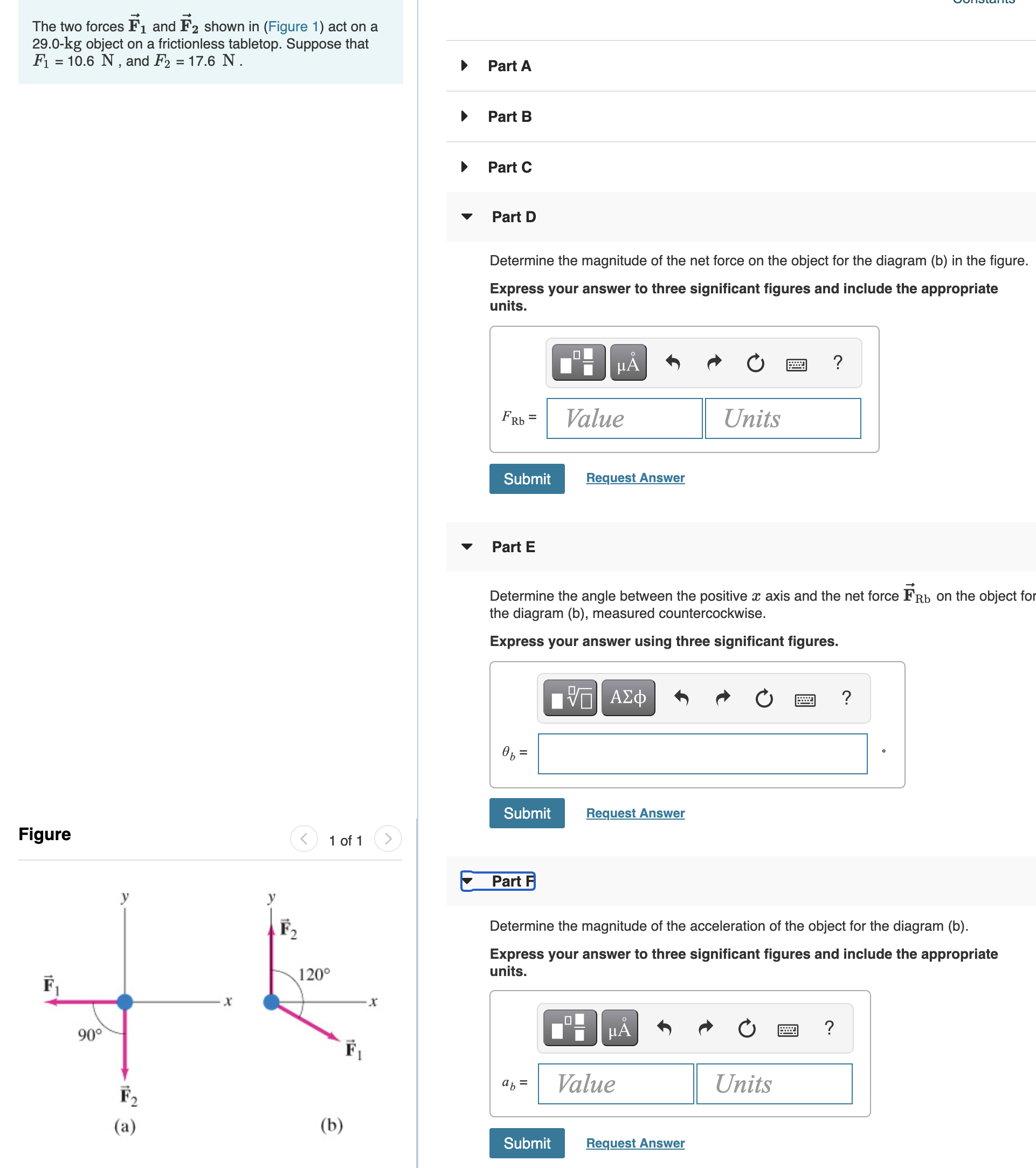 Solved The two forces F1 and F2 shown in (Figure 1) act on a | Chegg.com