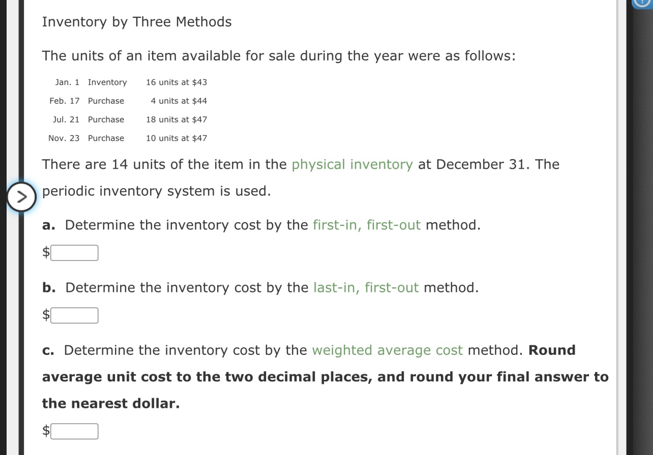 Solved Inventory by Three Methods The units of an item | Chegg.com