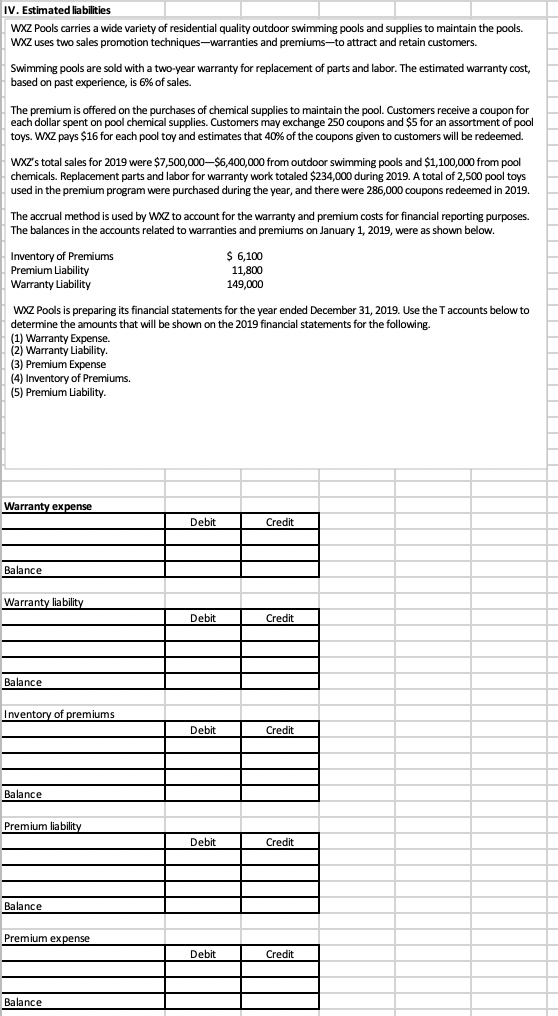 IV. Estimated liabilities WXZ Pools carries a wide | Chegg.com