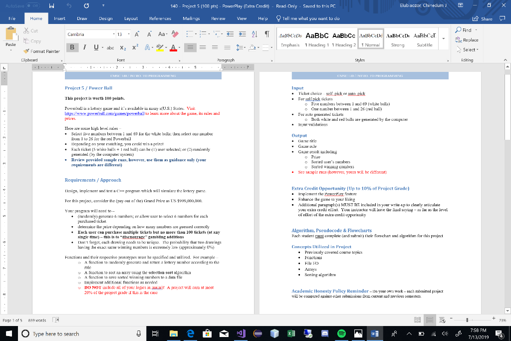 AutoSave Of 140-Project 5(100 pts) - PawerPlay (Extra Credit Elub aczor, Chinedlum J X Read Only Saved to this PC Share Refer
