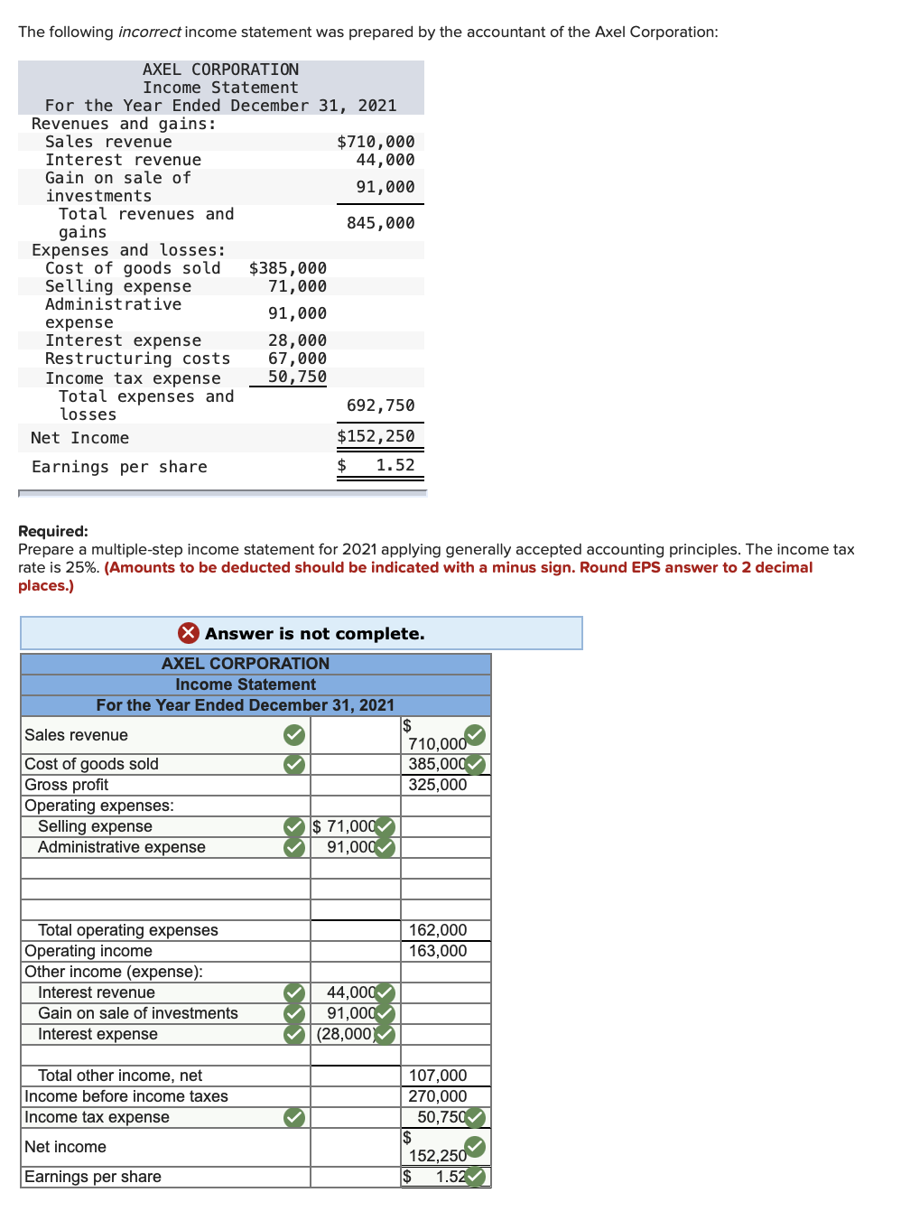 Solved The following incorrect income statement was prepared | Chegg.com