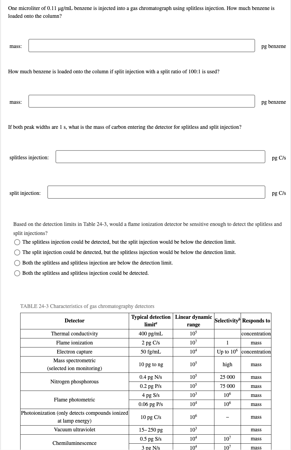 Solved One microliter of 0.11μg/mL benzene is injected into