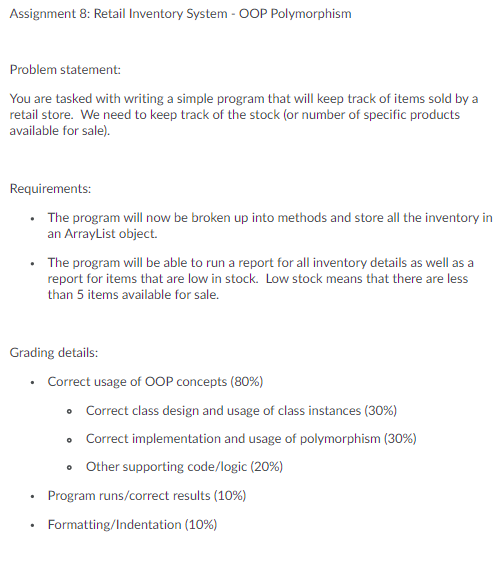 Solved Assignment 8: Retail Inventory System - OOP | Chegg.com