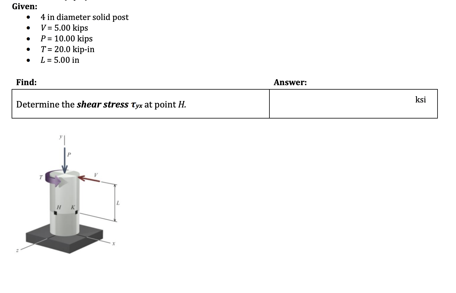 Solved Given: - 4 in diameter solid post - V=5.00 kips - | Chegg.com