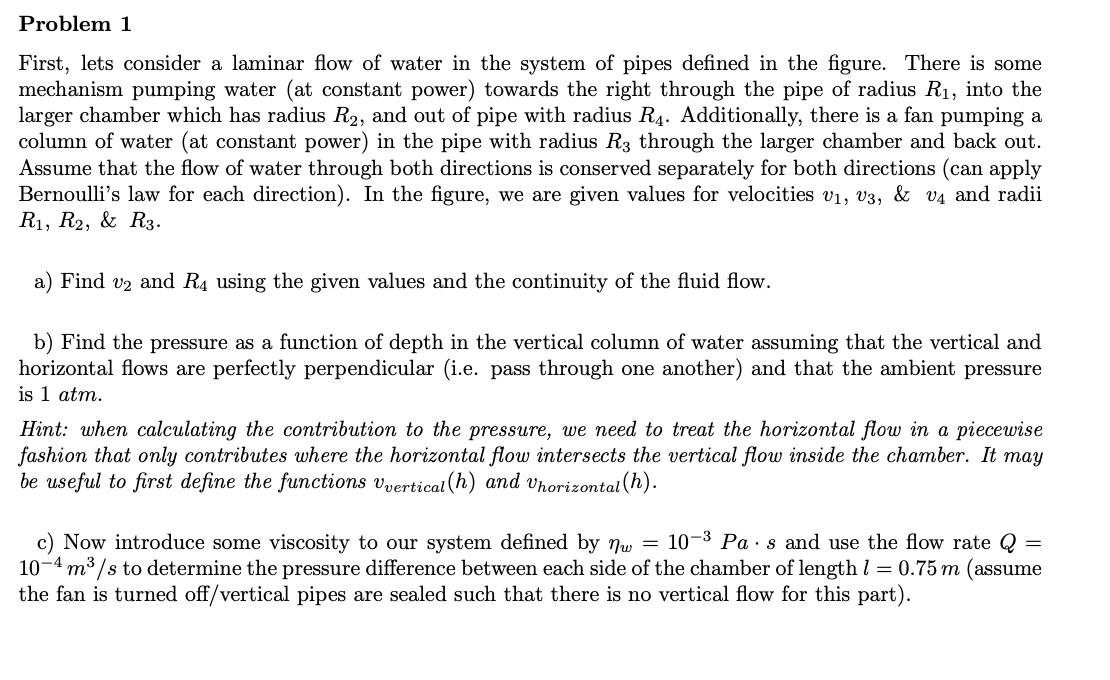 First, lets consider a laminar flow of water in the system of pipes defined in the figure. There is some mechanism pumping wa