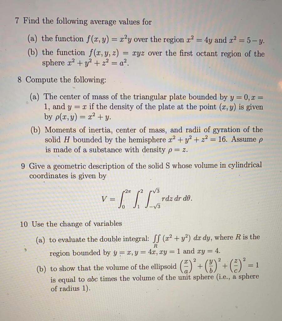 Solved 7 Find the following average values for (a) the | Chegg.com