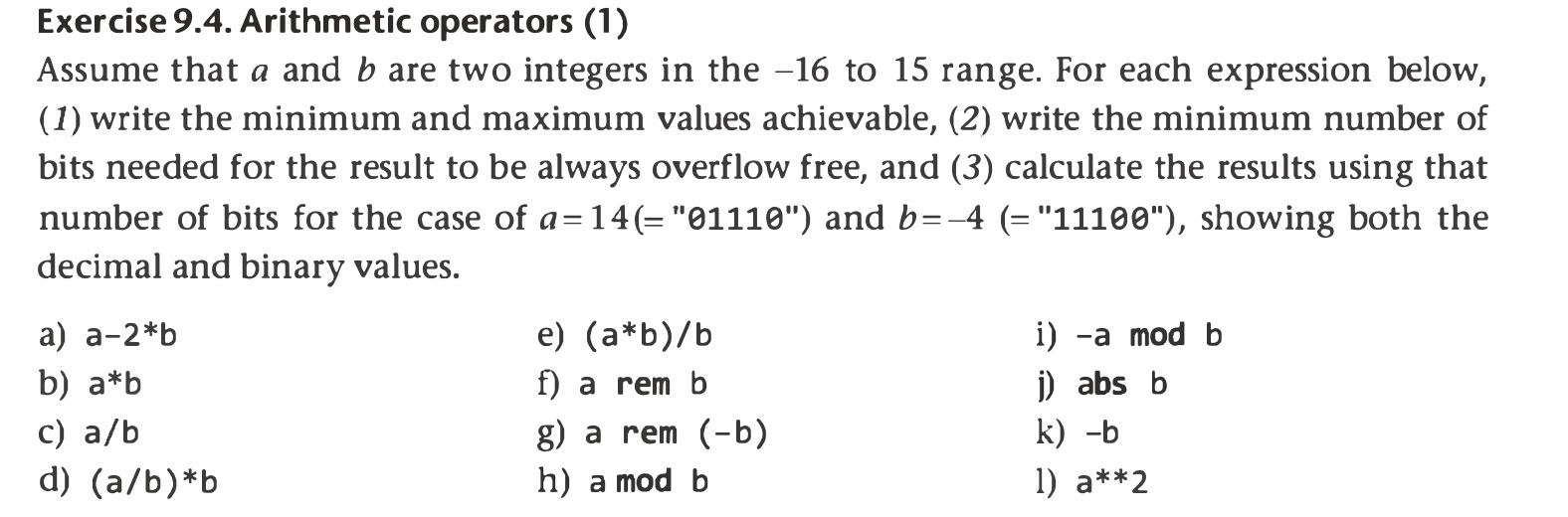 Exercise 9.4. Arithmetic operators (1) Assume that a | Chegg.com