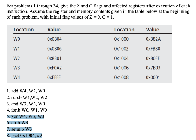 Solved For problems 1 through 34, give the Z and C flags and | Chegg.com