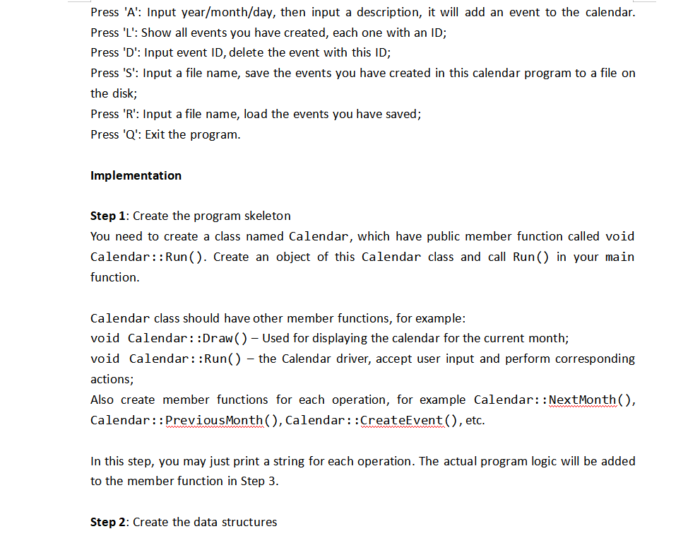 Task: Calendar Project Requirements: Write a program | Chegg.com